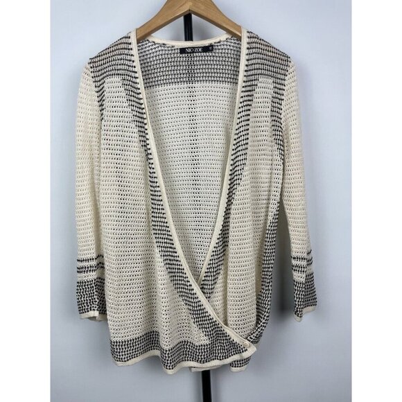 Nic + Zoe Cream Black Open Knit Linen Blend Wrap Cardigan Sweater Size XS - Picture 7 of 9
